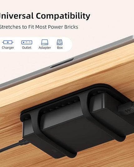 ELETIUO Universal Silicone Laptop Charger Holder,Under Desk Power Brick Mount Organizer for Charging Brick & Cables,Flexible Non-Slip Power Bricks Mount,Secure Supply Holder for Laptop Charger,Black