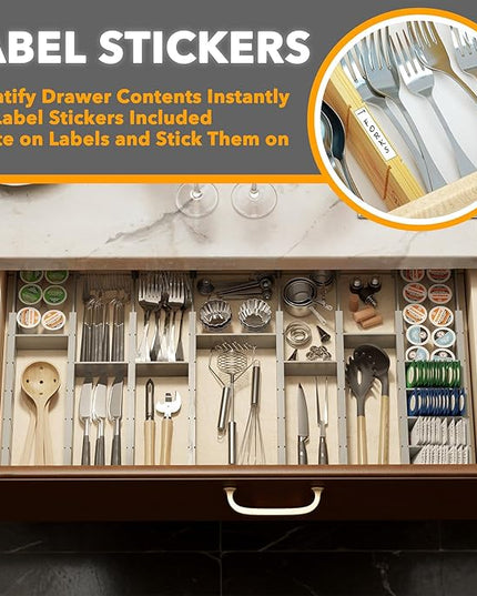SpaceAid Bamboo Drawer Dividers with Inserts and Labels, Kitchen Adjustable Drawer Organizers, Expandable Organization for Home, Office, Dressers, 10 Dividers with 24 Inserts (17"-22" Gray)