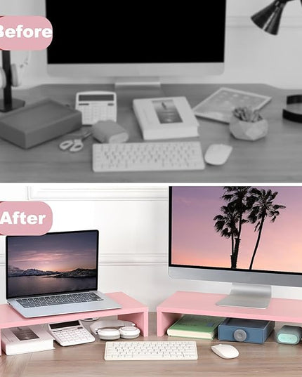 TEAMIX 2 Pack Pink Monitor Riser-20L inch, Cute Monitor Stand for Desk, Wood Sturdy TV/Screen/PC/Printer/Laptop Riser, Computer Shelf with Storage Desktop Organizer for Home Office