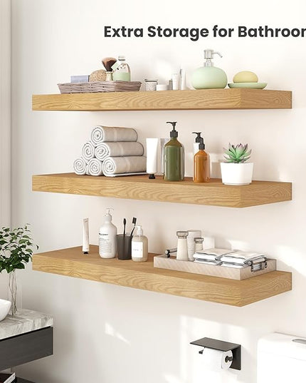 Heimlove 12 Inch Deep Floating Shelves, 48 x 12 inches Long Wall Shelf, Large Display Shelf & Storage Shelf, Rustic Wood Wall Shelves for Fireplace Mantel, Set of 2(Oak)