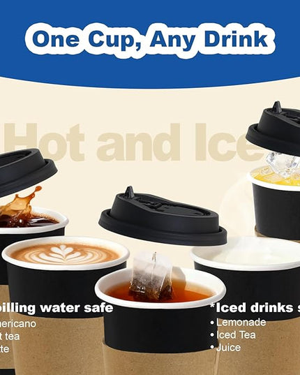 Coolcap 12 oz 500 Pack Coffee Cups with Lids and Sleeves, Straws, Hot Disposable To Go Travel Paper Cups Bulk for Office, Home Coffee Bar Accessories, Chocolate, Cocoa, Beverage (Black)