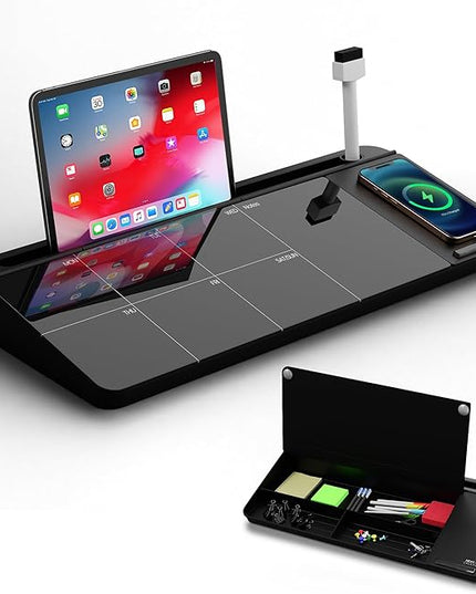 NEXTLUXE Glass Desk Whiteboard with Wireless Charger - Desktop Whiteboard with Storage, Weekly Planner, Dry Erase Pad, Organizer Drawer for Home, School, Office Gadgets – Black (Black)