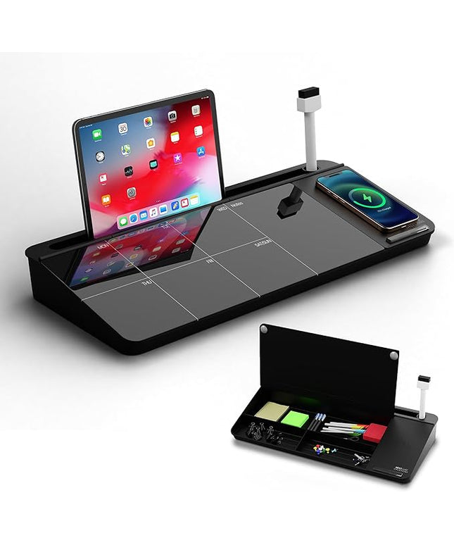 NEXTLUXE Glass Desk Whiteboard with Wireless Charger - Desktop Whiteboard with Storage, Weekly Planner, Dry Erase Pad, Organizer Drawer for Home, School, Office Gadgets – Black (Black)