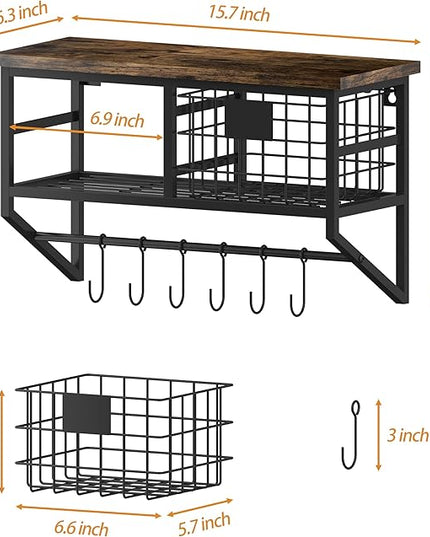 Helsin Industrial Wall Mounted Metal Wood Floating Shelves with Baskets Hooks Hanging Display Shelf Sundries Holder for Coffee Bar Kitchen Bathroom Organization and Home Decor, Black (16inch, 1 Set)
