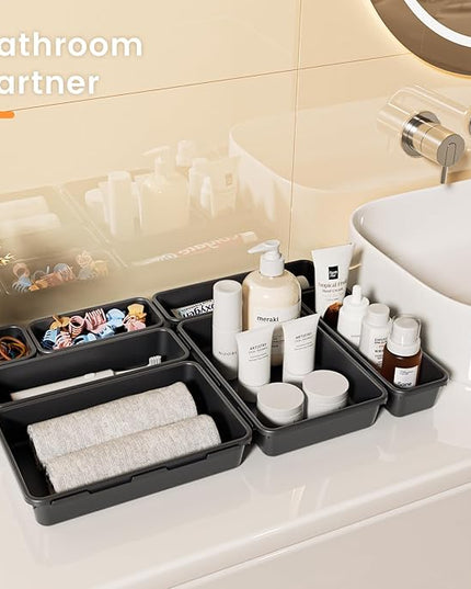 A-LuGei 【𝟮𝟴𝗣𝗖𝗦】 【𝟱𝗦𝗶𝘇𝗲】 Black Drawer Organizer, Makeup organizer, 【Holds 177 Items】 Bathroom Organizers and Storage, Plastic Desk Organizer Divider, Organizer Bins for Office Vanity