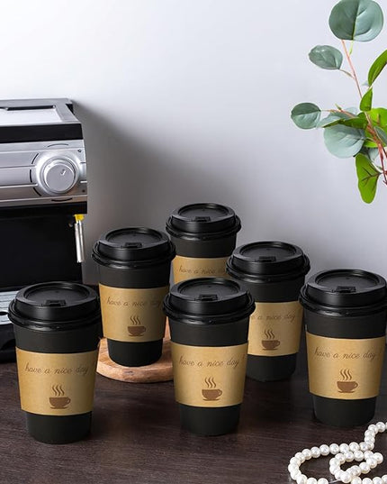 Lamosi 16 oz Coffee Cups 50 Pack, Disposable Coffee To Go Cups with Lids, Stir Sticks and Sleeves, 16 oz Black Hot Paper Cup for Home, Travel, Office