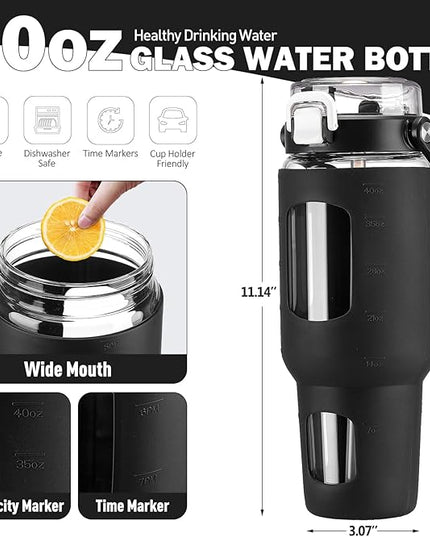 BLUEGO 40oz Glass Tumbler with Lid and Straw, Glass Water Bottles with Handle, Glass Cup with Time Marker and Silicone Sleeve, Fits Most Cup Holder, Leak-proof, Black