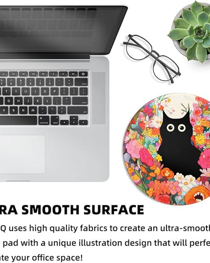 Black Cat Flower Small Mouse Pad, Cute Aesthetic Anime Mousepad with Non-Slip Rubber Base, Round Mouse Pads for Desk Accessories Laptop Gaming Office Supplies Decor(8.6 x 8.6 Inch)