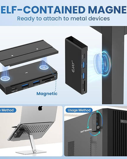 EJAY 5-in-1 Magnetic USB 3.0 Hub with SD/TF Card Reader, 2 USB-A + 1 USB-C Ports, Includes Sliding Rail, Screws & Sticky Pads for MacBook Laptop PC