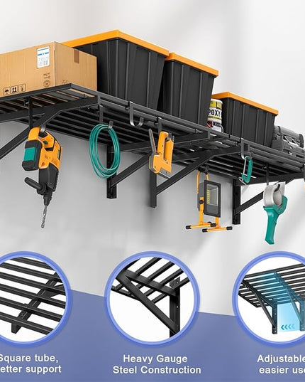 2-Pack 2x4ft Garage Shelving Wall Mounted, 2' x 4' Heavy Duty Garage Storage Shelves with Hooks, 400LB Capacity