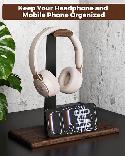 Walnut Headset Stand for Desk with Phone Holder | Headphone Stand Headphone Holder (Dark Walnut)