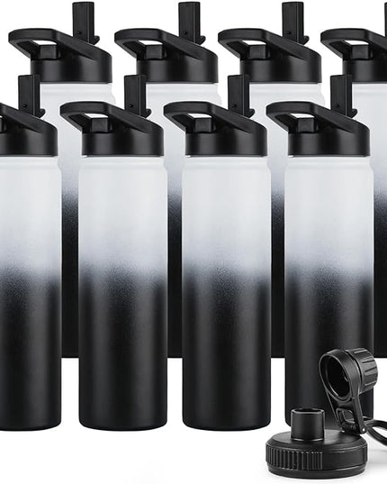 DOMICARE Insulated Water Bottle, 22 oz Vacuum Insulated Stainless Steel Reusable Sports Bottle with Straw Lid & Spout Lid for Travel, Camping, Bike, Leakproof, Black/White, 8 Pack