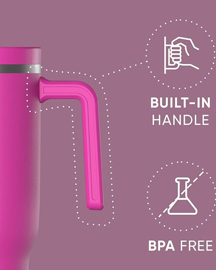 Hydrapeak Voyager 40 Oz Stainless Steel Tumbler with Handle, Insulated Water Bottle With Straw & Lid, Cupholder Friendly Reusable Travel Mug (Fuchsia)
