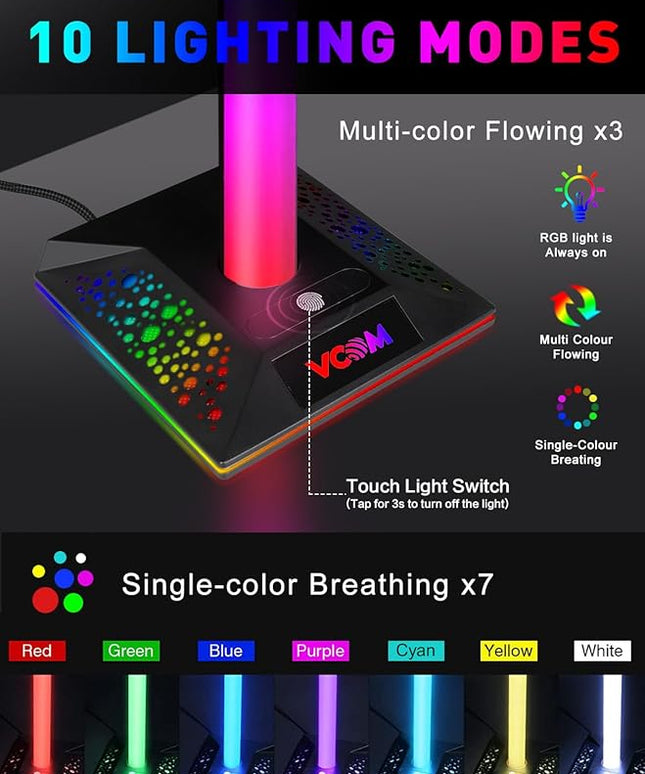 VCOM RGB Gaming Headphones Stand with 2 USB and 1 Type-C Ports, Headset Stand with 10 Light Modes and Non-Slip Rubber,Suitable for All Earphone Accessories, Best Gift for Desk Gamers
