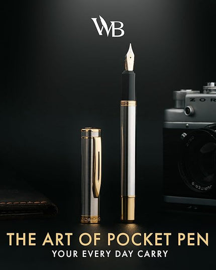 Wordsworth and Black Fountain Pen Mini EDC: Luxury Silver Heavy Pocket Pen, Gold Finish, Medium Nib, 6 Ink Cartridges, Ink Converter, Travel Refillable Writing Pen Gift Set, Men & Women