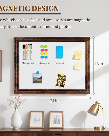 White Board for Wall, 24'' x 18'' Magnetic Dry Erase Board, Decorative Whiteboard, Brown Vintage Wooden Frame