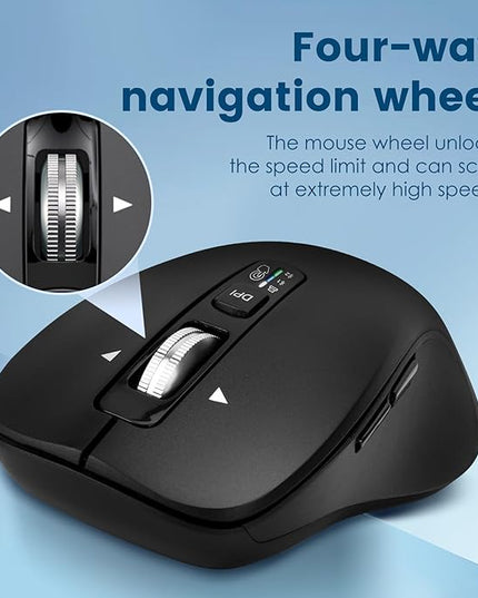Wireless Bluetooth Mouse (USB + BT1 + BT2), Full Size, 4-Way Scrolling, Multi-Device Silent Mouse for Computer, Laptop, iPad, MacBook (Black)