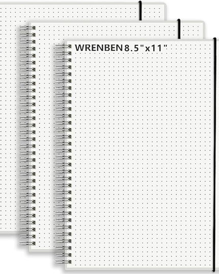 WRENBEN A4 Large Bullet Dotted Spiral Notebooks 8.5" x 11" with 120GSM Thick Paper, Elastic Band and Transparent Cover - 3 Pack Dot Grid Math Notepads for Journaling, Planning (Dotted, A4)