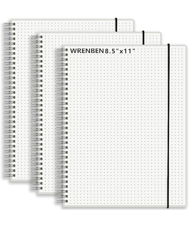 WRENBEN A4 Large Bullet Dotted Spiral Notebooks 8.5" x 11" with 120GSM Thick Paper, Elastic Band and Transparent Cover - 3 Pack Dot Grid Math Notepads for Journaling, Planning (Dotted, A4)