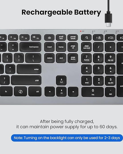 Wireless Keyboard, Bluetooth Keyboard with Leather Palm Rest, Backlighting, Multi-Device Pairing, USB C Rechargeable, for Windows, Mac, iOS, Android, Chrome, Office, Students, Long Hours Typing