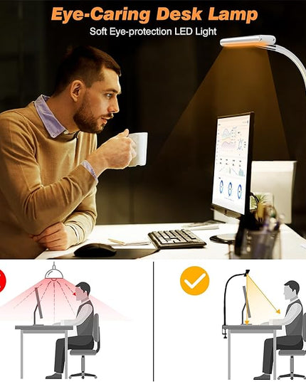 LED Desk Lamp for Office Home, Eye-Caring Desk Light with Stepless Dimming Adjustable Flexible Gooseneck, 10W USB Adapter Desk Lamp with Clamp for Reading, Study, Workbench (White)