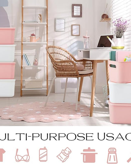 Hoolerry 8 Pieces Colorful Storage Bins with Lid, Plastic Storage Basket Organizing Container Stackable Box with Handle for Shelves Desktop Playroom Office(9.8 x 7.1 x 6.3 Inch,White and Pink)