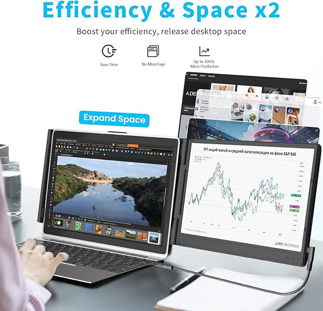 DZVW Laptop Screen Extender 14" - FHD 1080P IPS Laptop Monitor Extender Dual Screen, Portable Monitor for Laptops 13-17" with USB-C/HDMI Port, Built-in Speakers, Plug n Play for Mac, Win, Android