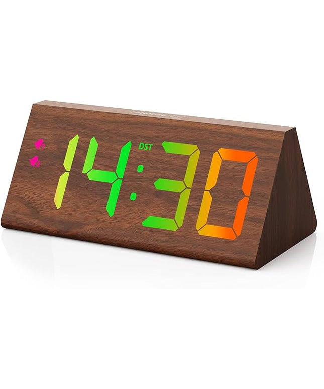 Wooden Digital Alarm Clock with Dual USB Charging Ports, DST, Dimmable, Snooze, RGB Colors, Modern Large Time Display LED Clock for Kids Bedrooms, Living Room, Desk, Table, Bedside, Nightstand (Brown)