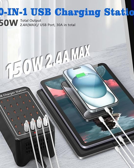USB C Charger Station 150W, 30 Port USB Charger Block USB Charging Hub, Multiport USB C Charger Desktop Charger Compatible with iPhone 16/15/14/13/12/11, iPad, Tablets, Samsung GalaxyS23 S22,Phone