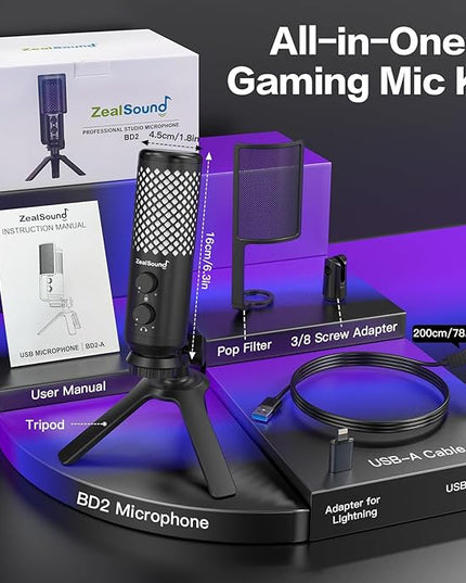 ZealSound Podcast Microphone for PC/Mac/iPhone/Phone – 96kHz/24bit USB Condenser Mic with Noise Reduction, Tap-to-Mute, Gain Control, Zero-Latency Monitor, RGB Light for Streaming, Gaming, Recording