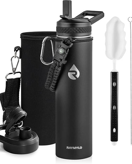 Insulated Water Bottle 24oz, Triple Wall Vacuum Stainless Steel (Cold for 48 Hrs, Hot for 24Hrs), Leak Proof & Non-BPA, 24oz Hydro Water Flask with Paracord Handle & Straw Spout Lids