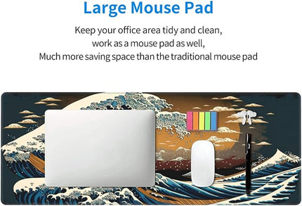 Big Japanese Wave Gaming Mouse Pad XL, Large Non Slip Rubber Mousepad, Stitched Edges Mouse Pads, Long Extended Mouse Pad,31.5'' X 11.8''