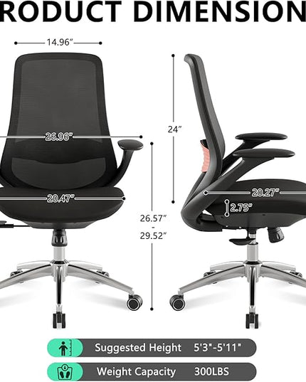 Ergonomic Office Chair, High-Back Mesh Executive Chair with Lumbar Support & 360° Adjustable Arms, Reclining Desk Chair with Tilt Lock for Home Office, Gaming, and Work, 300lb Capacity (Black)