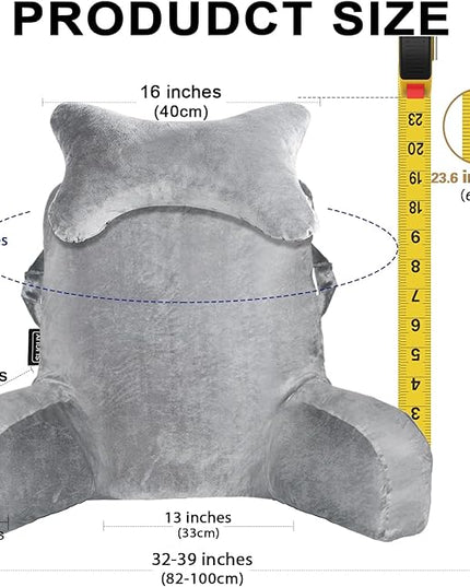 SLIGUY Reading Pillow for Sitting in Bed Couch Adult, Back Pillow with arm Support and Pockets, Adult Back Pillow Bed Chair for Bed Rest, Reading, Watching TV, Gaming for Boys and Girls Light Grey