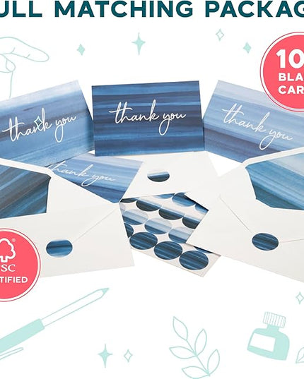 VNS Creations Thank You Cards With Envelopes Bulk Set & Stickers - 100 Pack 4x6 Blank Thank You Notes Bulk Box Set - Large Note Card Small Business, Wedding, Baby Shower & Bridal Shower - Ombré