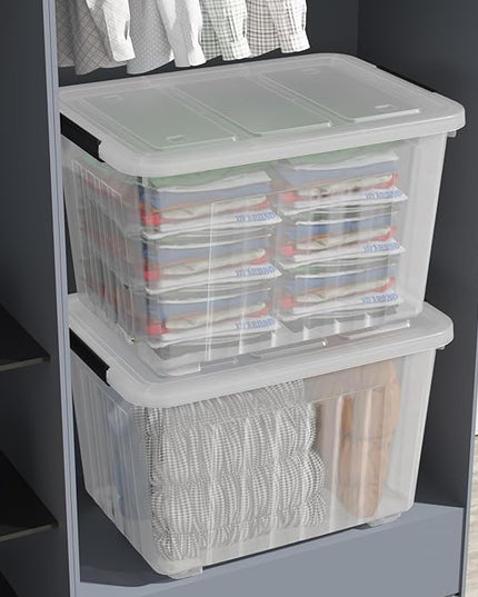 70 Quart Large Plastic Storage Box, Clear Latching Bin with Lid and Wheels, 4 Packs