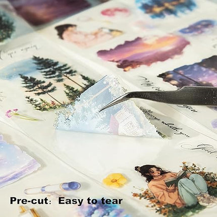 AuriicLeaf Moonlit PET Tape Set, 6Rolls Pre-Cut Night Scenery Stickers for Scrapbooking & Journaling, Includes Clip, Large Size, Ideal for Collage, DIY Crafts