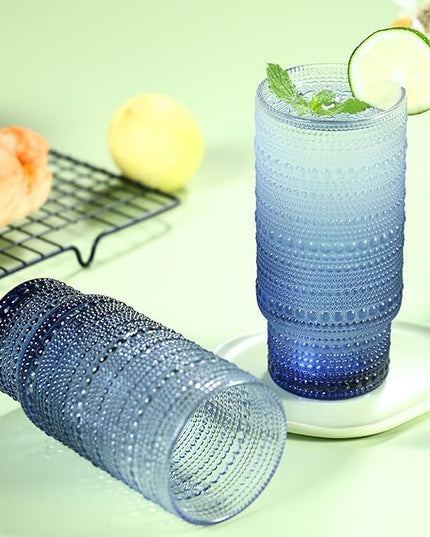 6pcs Hobnail Drinking Glasses Set, 16 oz Vintage Glassware Drinking Glasses, Gradual Gray-blue Water Glasses Tumbler, Cups for Kitchen, Juice, Beer, Cocktail, Whiskey