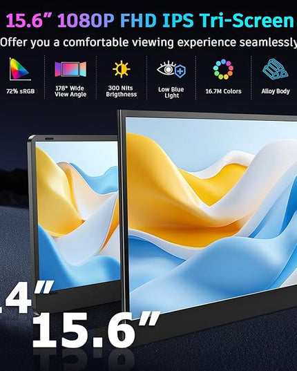 QQH 15.6" Laptop Screen Extender, 1080P Triple Portable Monitor for Laptop with Ultra-Slim IPS Display, USB-C Plug and Play Extended Screen Compatible with MacOS, Windows, Android for 12-16" Laptops