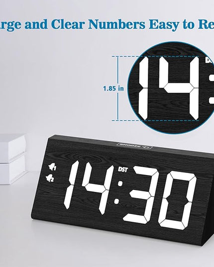 fomobest Wooden Digital Alarm Clock with Dual USB Charging Ports, DST, Dimmable, Snooze, Modern Large Time Display LED Clock for Kids Bedrooms, Living Room, Desk, Table, Bedside, Nightstand (Black)