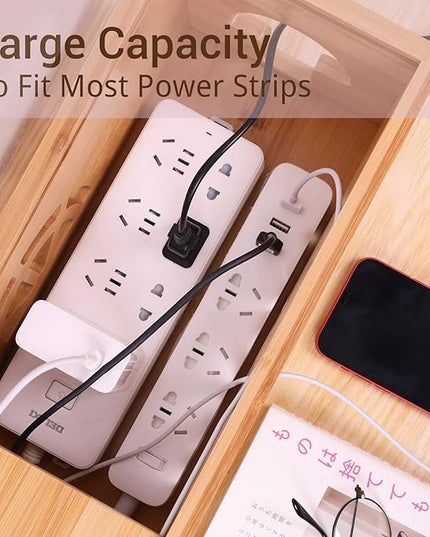 Extra Large Cable Management Box with Lid, Bamboo Cable Box for Cords, Power Strips or Surge Protectors, Hide Loose Wires Behind TVs, Home, Computers, Office Desks by HTB