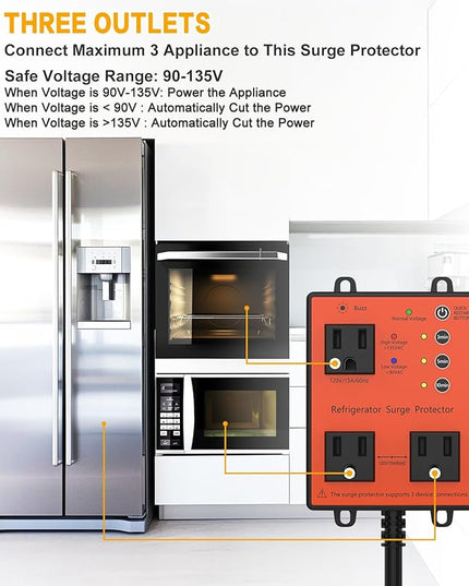 Refrigerator Surge Protector, 3-Outlet 120V for Home Appliance Surge Protector, Time Delay, LED Indicator Light & 110dB Alarm, Protects Against Voltage Abnormalities, Brownout, Spike, Instant Surge