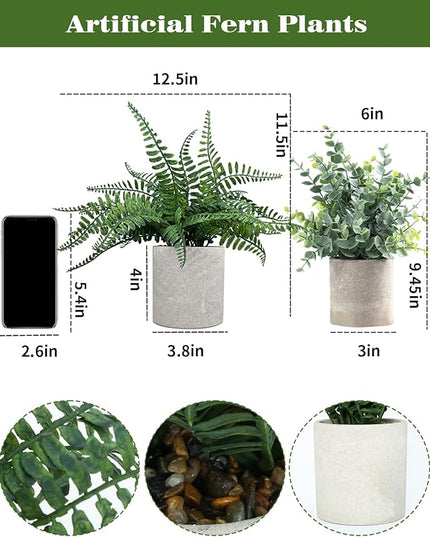 Coferset Small Fake Plant 12.5" Fern Potted Artificial Plants for Shelf Home Bathroom Office Decor(Gray Pot)