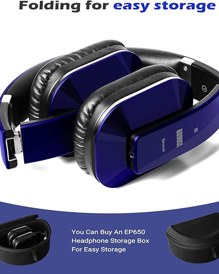August EP650 Bluetooth Wireless Over-Ear Headphones with aptX Low Latency, NFC, Multipoint Pairing, Wired Option, Built-in Microphone - Blue