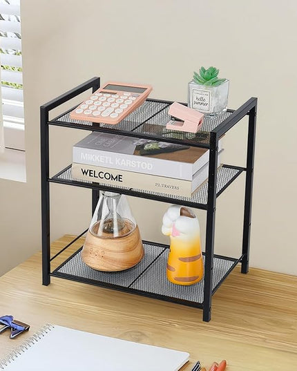 Desktop Shelf Organizer, 3-Tier Office Storage Rack, Adjustable Metal Bookshelf for Top of Desk, Desk Organizer for Office, Home, Dorm and Small Spaces (Black)