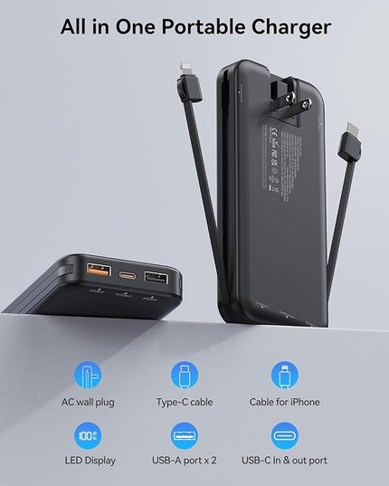 12000mAh Ultra-Portable-Charger-Power-Bank with Built in Cables&AC Wall Plug,PD20W USB-C Fast Charging Cell Phone Charger Battery Pack,LED Display Travel Battery Bank for All iPhone,Samsung,Android