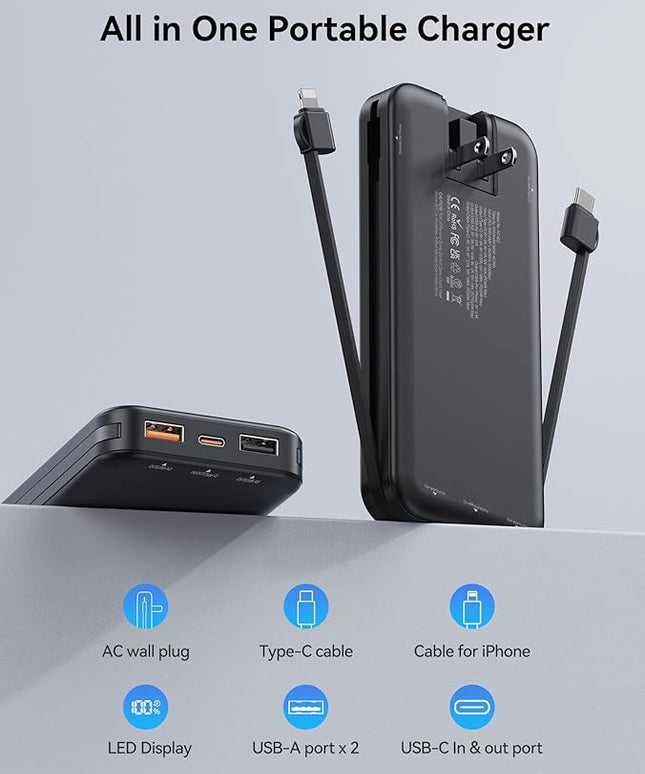 12000mAh Ultra-Portable-Charger-Power-Bank with Built in Cables&AC Wall Plug,PD20W USB-C Fast Charging Cell Phone Charger Battery Pack,LED Display Travel Battery Bank for All iPhone,Samsung,Android