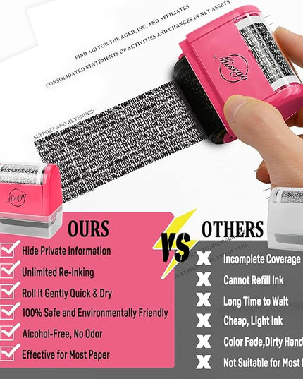 Miseyo Wide Identity Theft Protection Roller Stamp Set - Peach (3 Refill Ink Included)