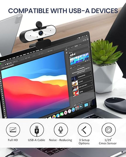 USB HD 1080P Video Webcam and Wide Angle Camera with Built-in Microphone and Rotatable Tripod,for Laptop Computer or Desktop PC,Great for Live Streaming.Calls.Video Conferencing -1 (White)