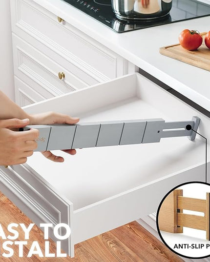 SpaceAid Bamboo Drawer Dividers with Inserts and Labels, Kitchen Adjustable Drawer Organizers, Expandable Organization for Home, Office, Dressers, 7 Dividers with 15 Inserts (17"-22" Gray)